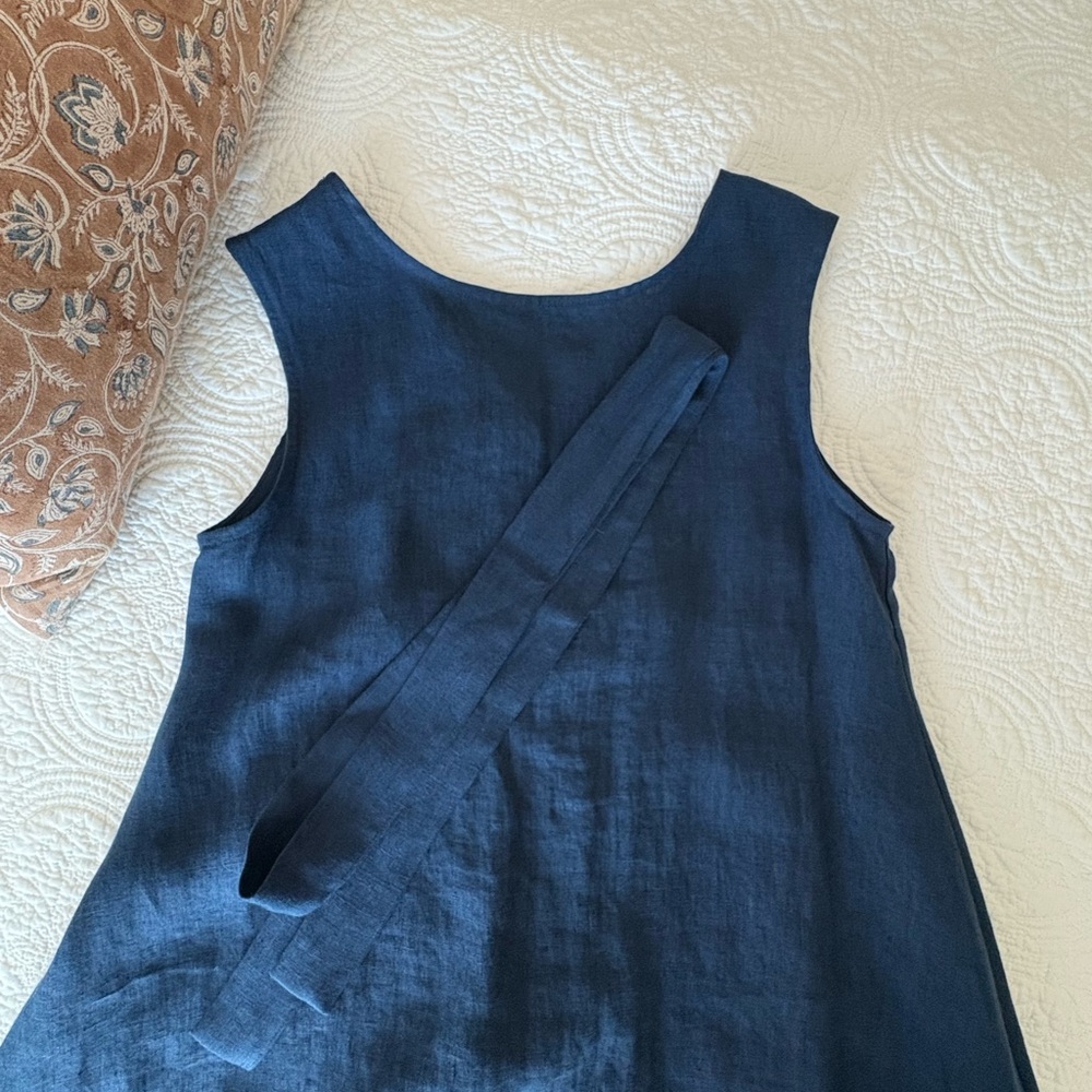 Linen Sea Dark Blue Sleeveless Midi Dress 100% Linen